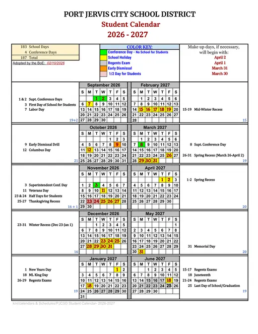 Port Jervis City School District 2026–2027 Academic Calendar