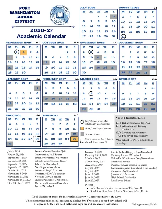 Port Washington Union Free School District 2026–2027 Academic Calendar