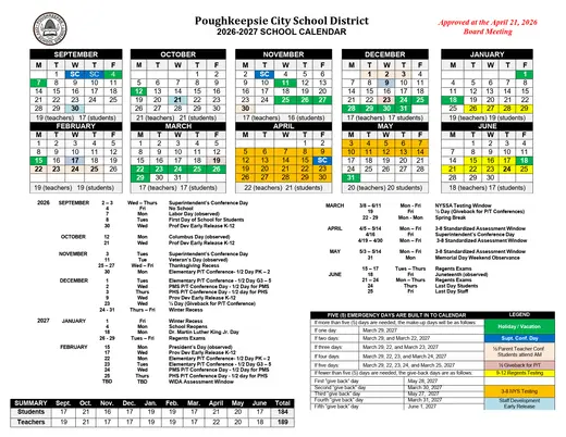 Poughkeepsie City School District 2026–2027 Academic Calendar Page 1