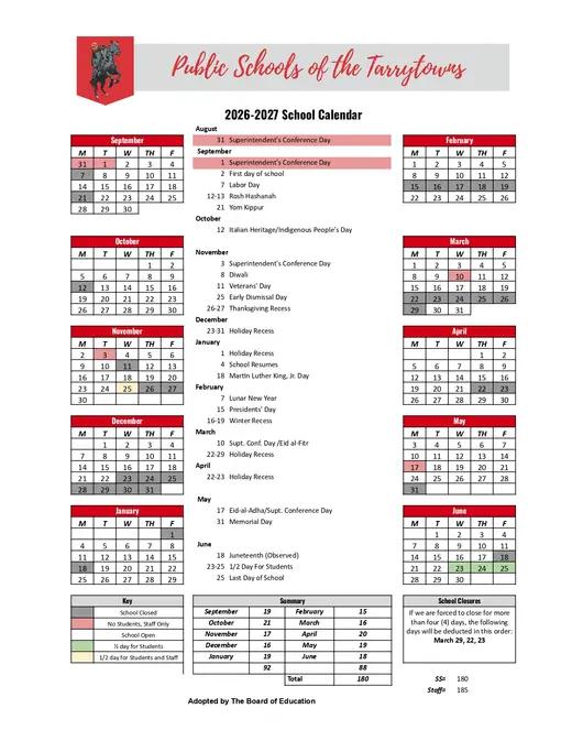 Public Schools of the Tarrytowns 2026–2027 Academic Calendar