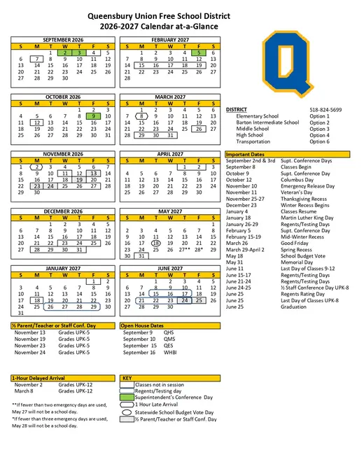 Queensbury Union Free School District 2026–2027 Academic Calendar