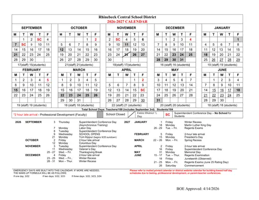 Rhinebeck Central School District 2026–2027 Academic Calendar