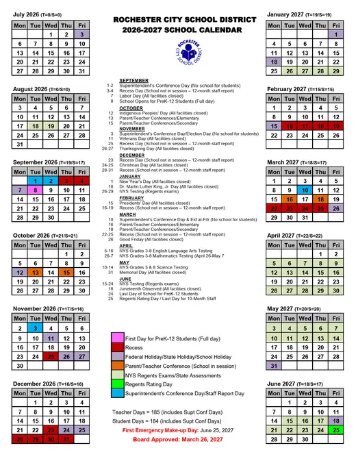 Rochester City School District 2026–2027 Academic Calendar Page 1
