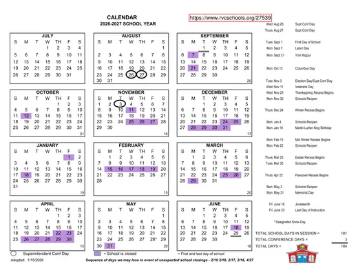 Rockville Centre School District 2026–2027 Academic Calendar