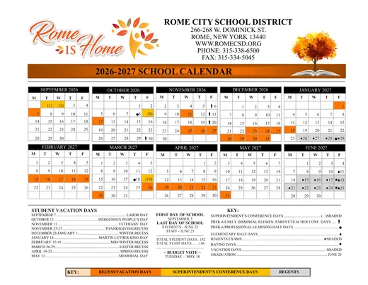 Rome City School District 2026–2027 Academic Calendar