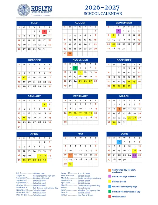 Roslyn School District 2026–2027 Academic Calendar Page 1
