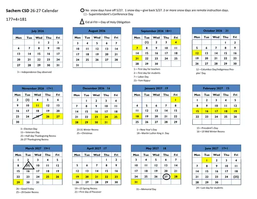 Sachem CSD 2026–2027 Academic Calendar Page 1