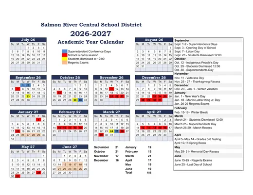 Salmon River Central School District 2026–2027 Academic Calendar