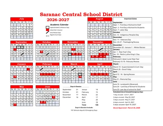 Saranac Central School District 2026–2027 Academic Calendar