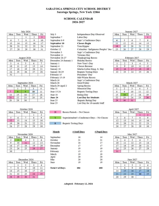 Saratoga Springs City School District 2026–2027 Academic Calendar