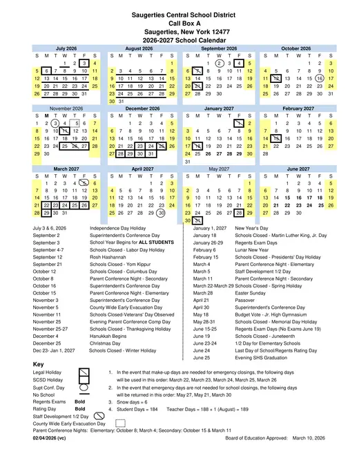 Saugerties Central School District 2026–2027 Academic Calendar
