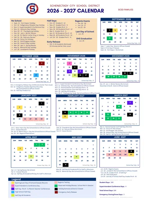Schenectady City School District 2026–2027 Academic Calendar