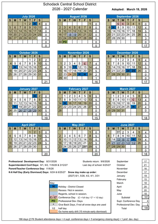 Schodack Central School District 2026–2027 Academic Calendar