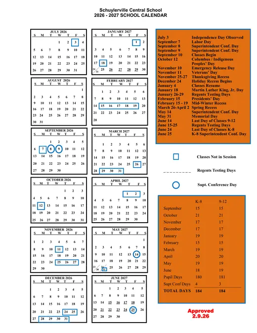 Schuylerville Central School 2026–2027 Academic Calendar