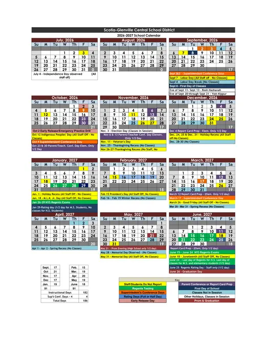 Scotia-Glenville Central School District 2026–2027 Academic Calendar
