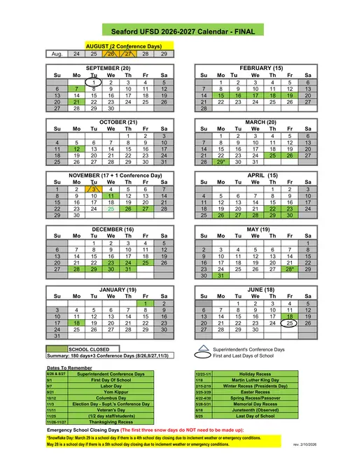 Seaford UFSD 2026–2027 Academic Calendar