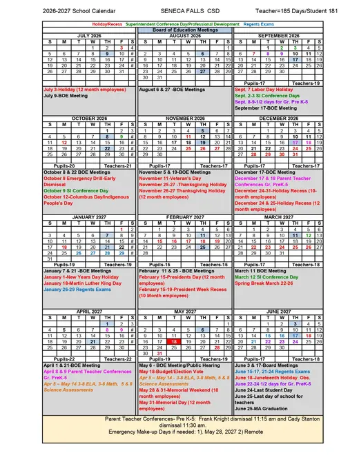 Seneca Falls CSD 2026–2027 Academic Calendar