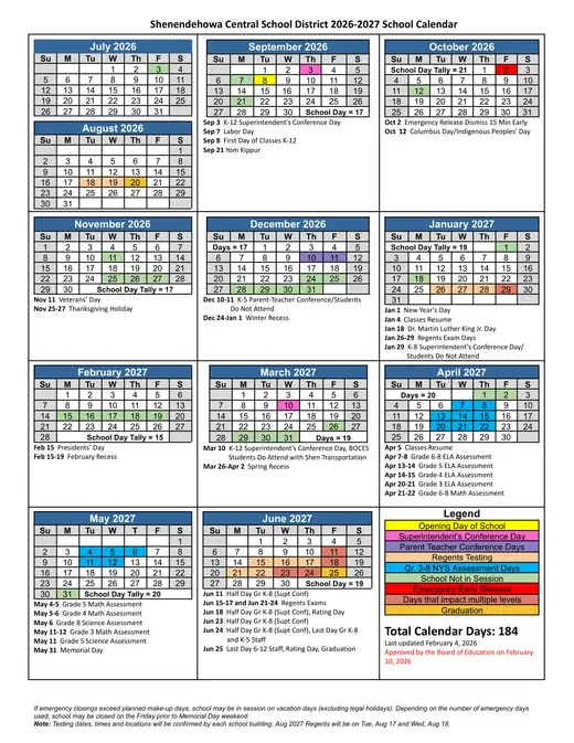 Shenendehowa Central School District 2026–2027 Academic Calendar