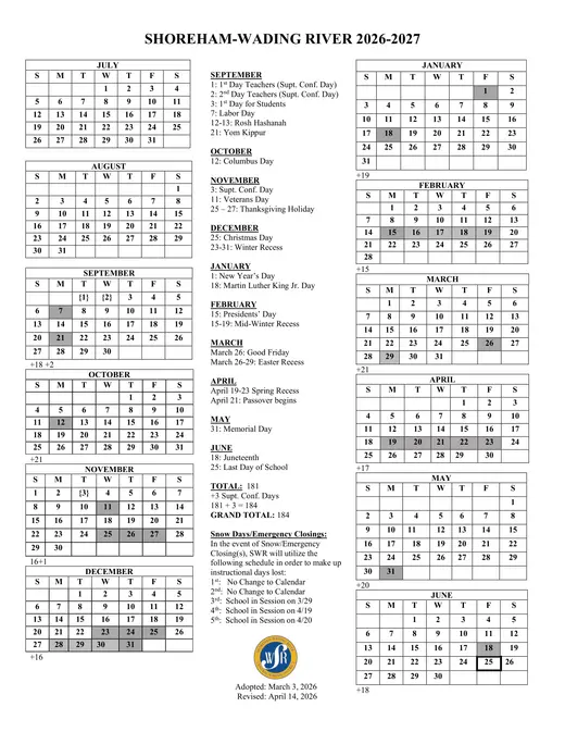 Shoreham-Wading River School District 2026–2027 Academic Calendar