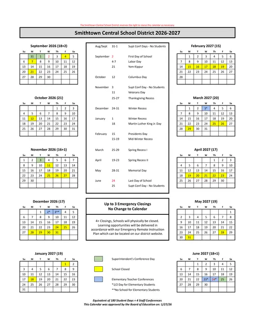 Smithtown Central School District 2026–2027 Academic Calendar
