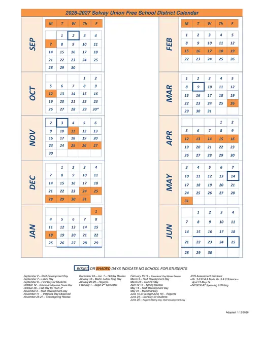 Solvay UFSD 2026–2027 Academic Calendar