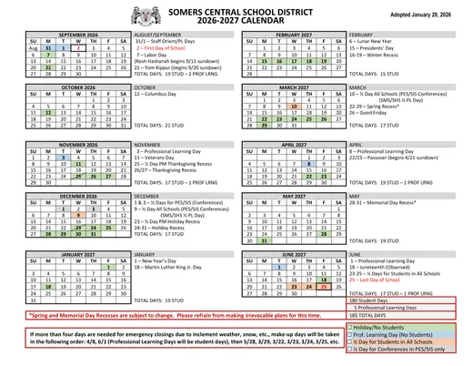 Somers Central School District 2026–2027 Academic Calendar