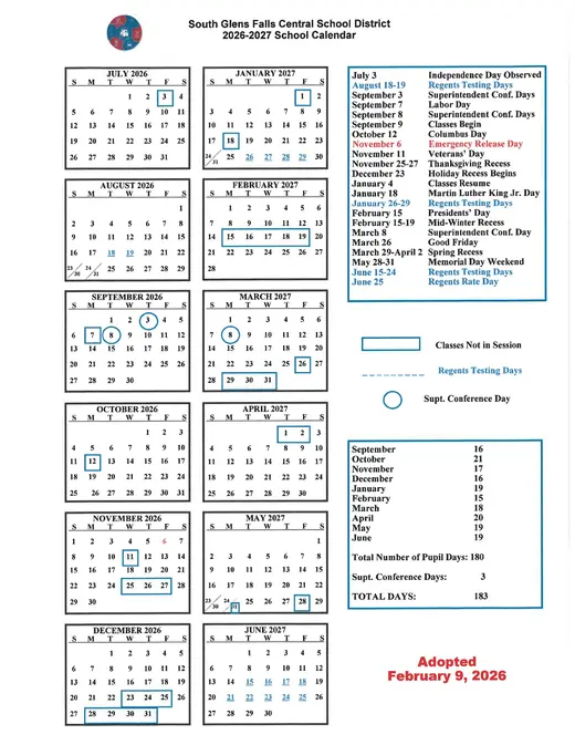 South Glens Falls Central School District 2026–2027 Academic Calendar