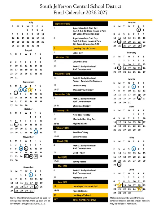 South Jefferson Central School District 2026–2027 Academic Calendar