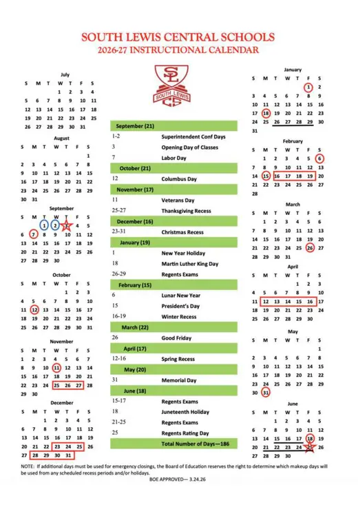 South Lewis Central Schools 2026–2027 Academic Calendar