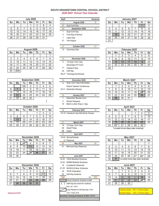 South Orangetown Central School District 2026–2027 Academic Calendar Page 1