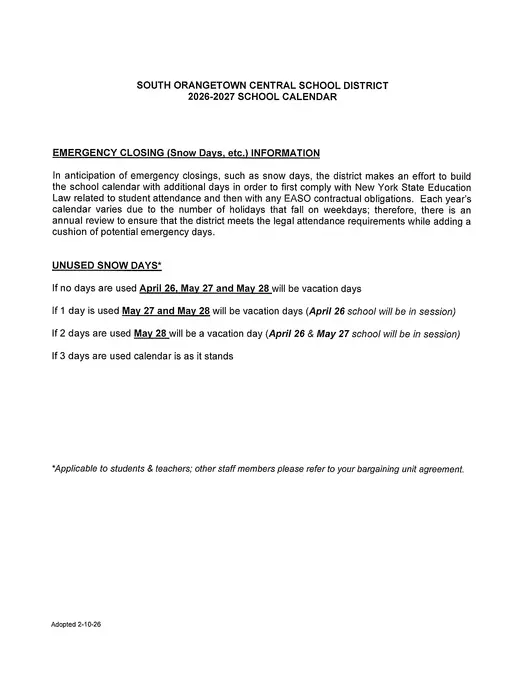 South Orangetown Central School District 2026–2027 Academic Calendar Page 2