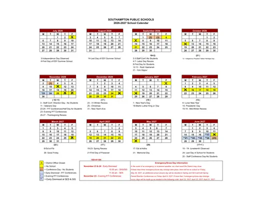 Southampton Public Schools 2026–2027 Academic Calendar
