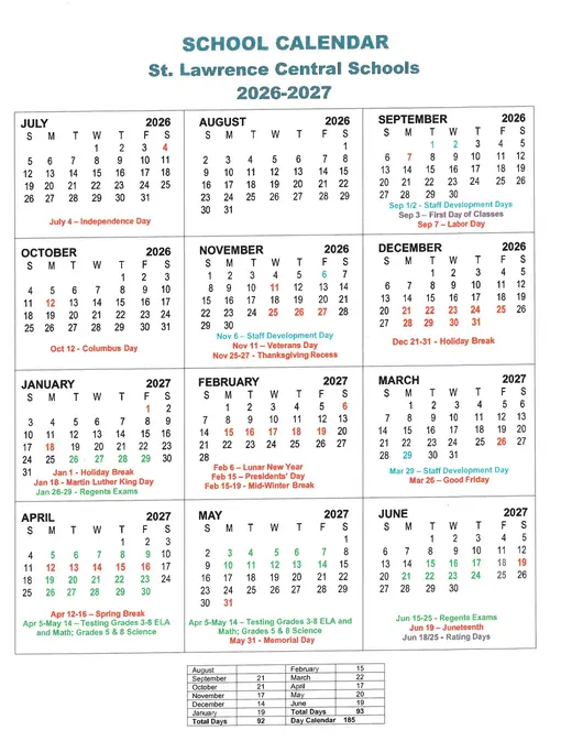 St. Lawrence Central Schools 2026–2027 Academic Calendar Page 1