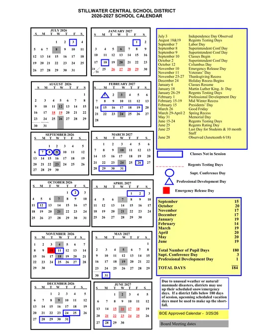 Stillwater Central School District 2026–2027 Academic Calendar