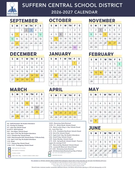 Suffern Central School District 2026–2027 Academic Calendar Page 1