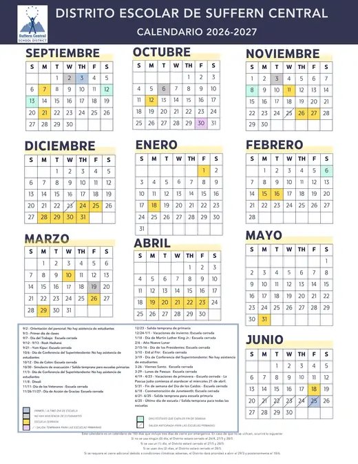 Suffern Central School District 2026–2027 Academic Calendar Page 2