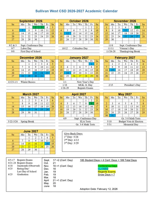 Sullivan West CSD 2026–2027 Academic Calendar