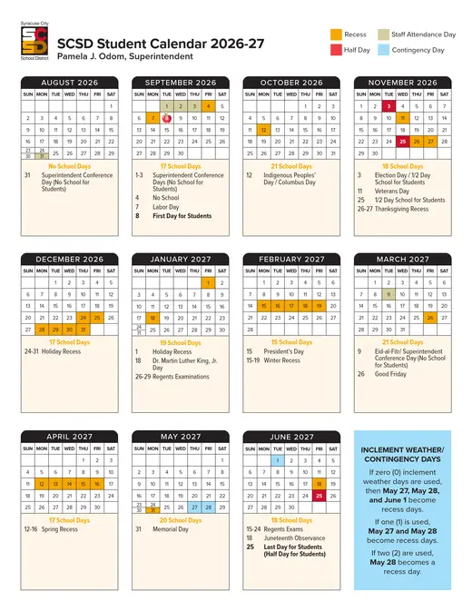 Syracuse City School District 2026–2027 Academic Calendar Page 1