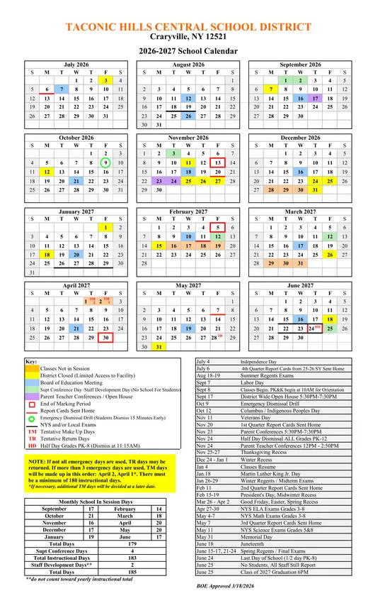 Taconic Hills Central School District 2026–2027 Academic Calendar