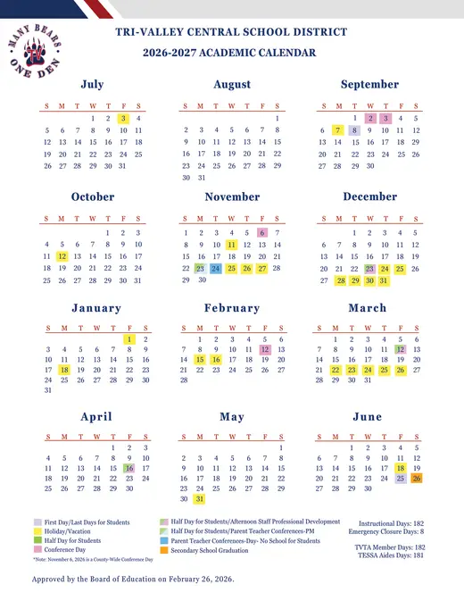 Tri-Valley Central School District 2026–2027 Academic Calendar