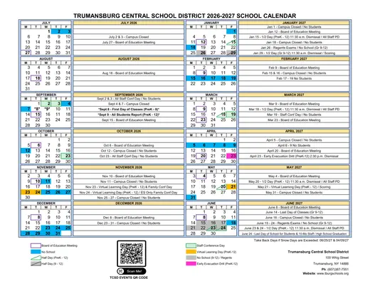 Trumansburg Central School District 2026–2027 Academic Calendar
