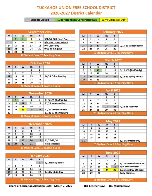 Tuckahoe UFSD 2026–2027 Academic Calendar