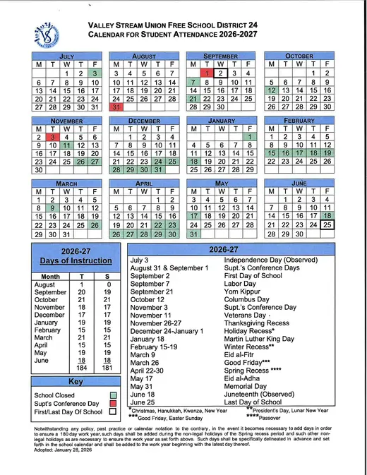 Valley Stream UFSD 24 2026–2027 Academic Calendar