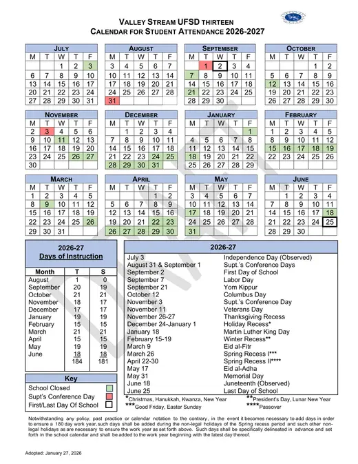 Valley Stream UFSD Thirteen 2026–2027 Academic Calendar Page 1