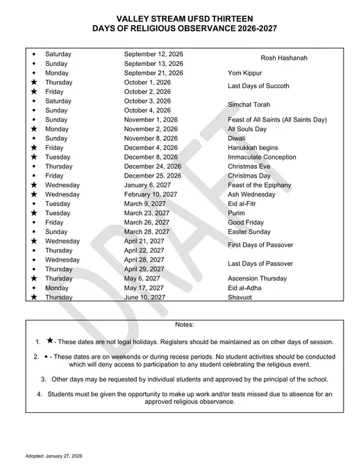 Valley Stream UFSD Thirteen 2026–2027 Academic Calendar Page 2
