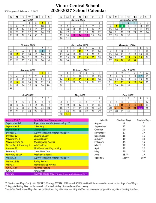 Victor Central School 2026–2027 Academic Calendar