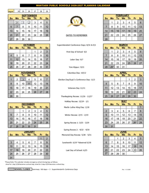 Wantagh Public Schools 2026–2027 Academic Calendar