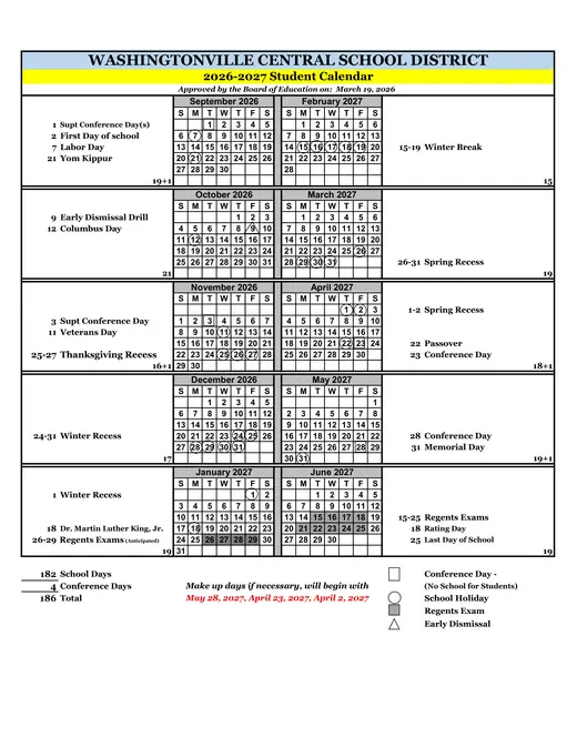 Washingtonville Central School District 2026–2027 Academic Calendar