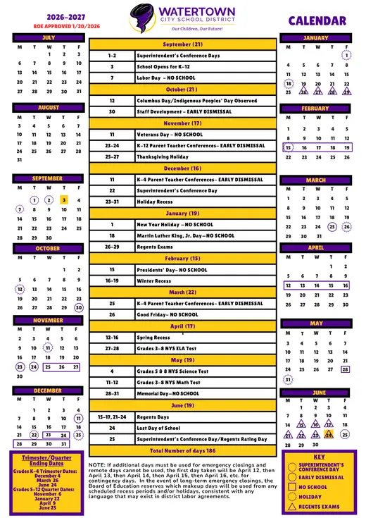 Watertown City School District 2026–2027 Academic Calendar