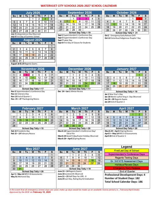 Watervliet City Schools 2026–2027 Academic Calendar